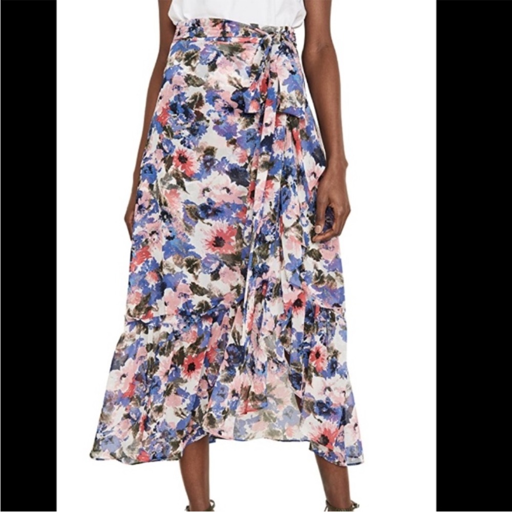 Misa Los Angeles Blue and Pink Ruffled Wrap Midi Skirt